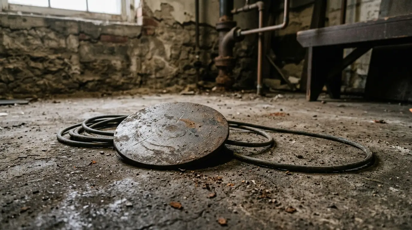 An acoustic listening disc resting on a basement floor with its cable coiled beside it