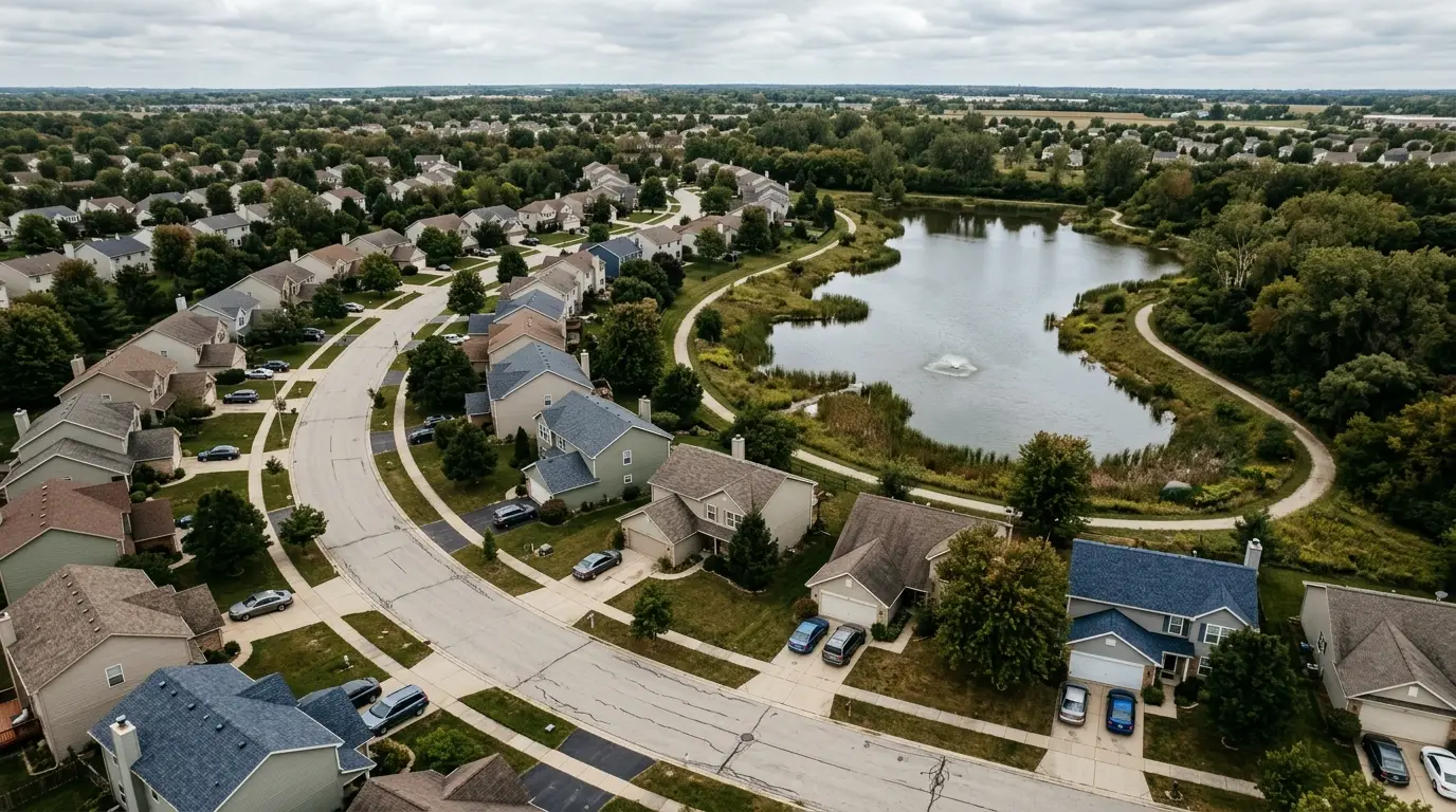 An aerial view of a curving subdivision beside a detention pond on flat ground