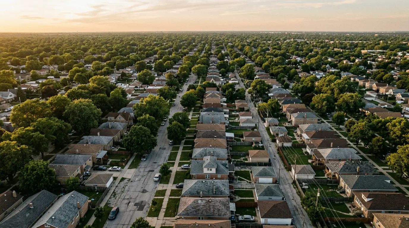 An aerial view of a flat suburban street grid under mature tree canopy at low sun
