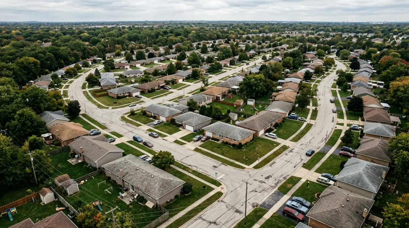 An aerial view of a postwar ranch subdivision with curving streets and uniform rooflines
