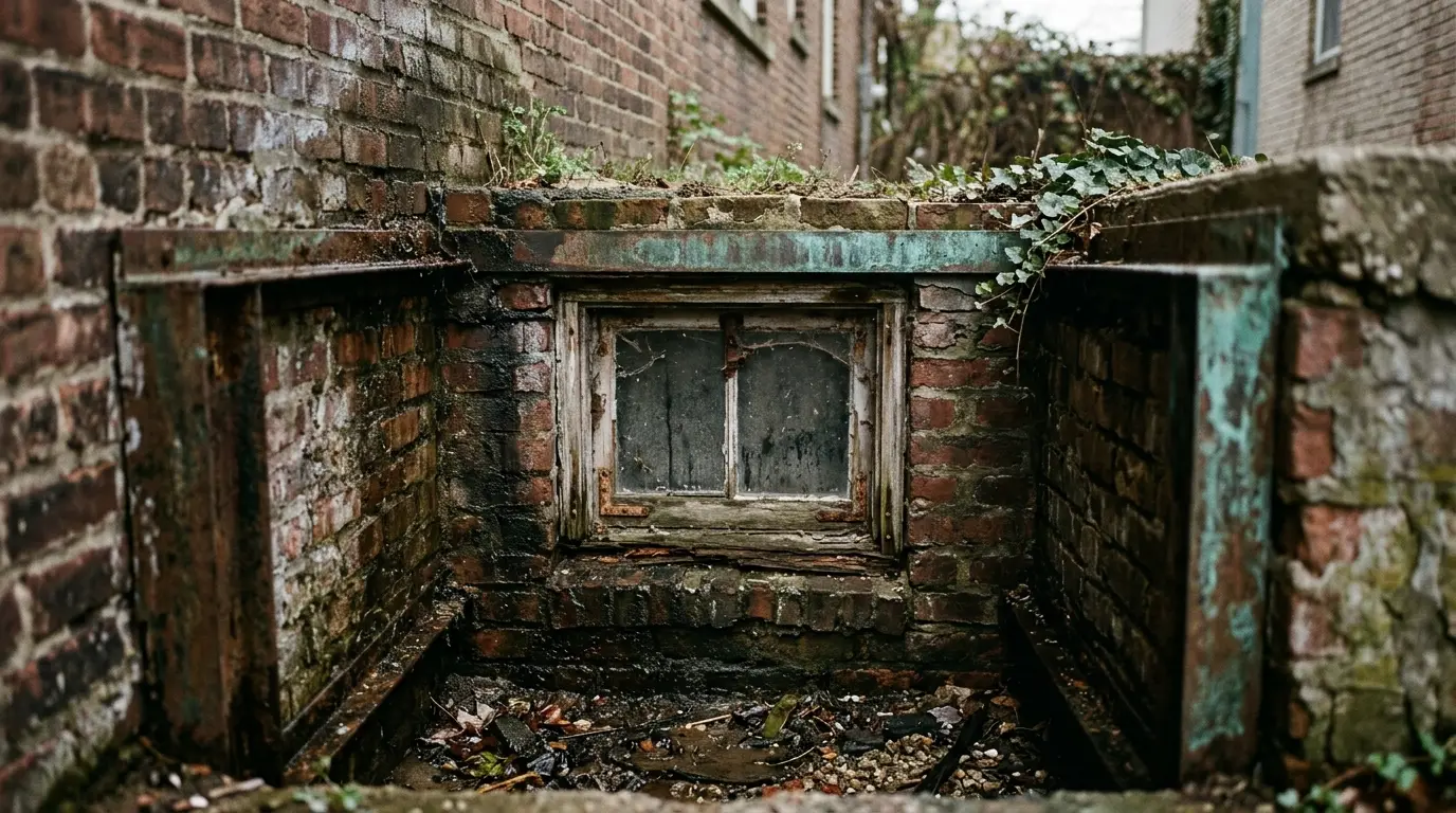 A deep basement window well below grade in a brick foundation with damp staining on the wall
