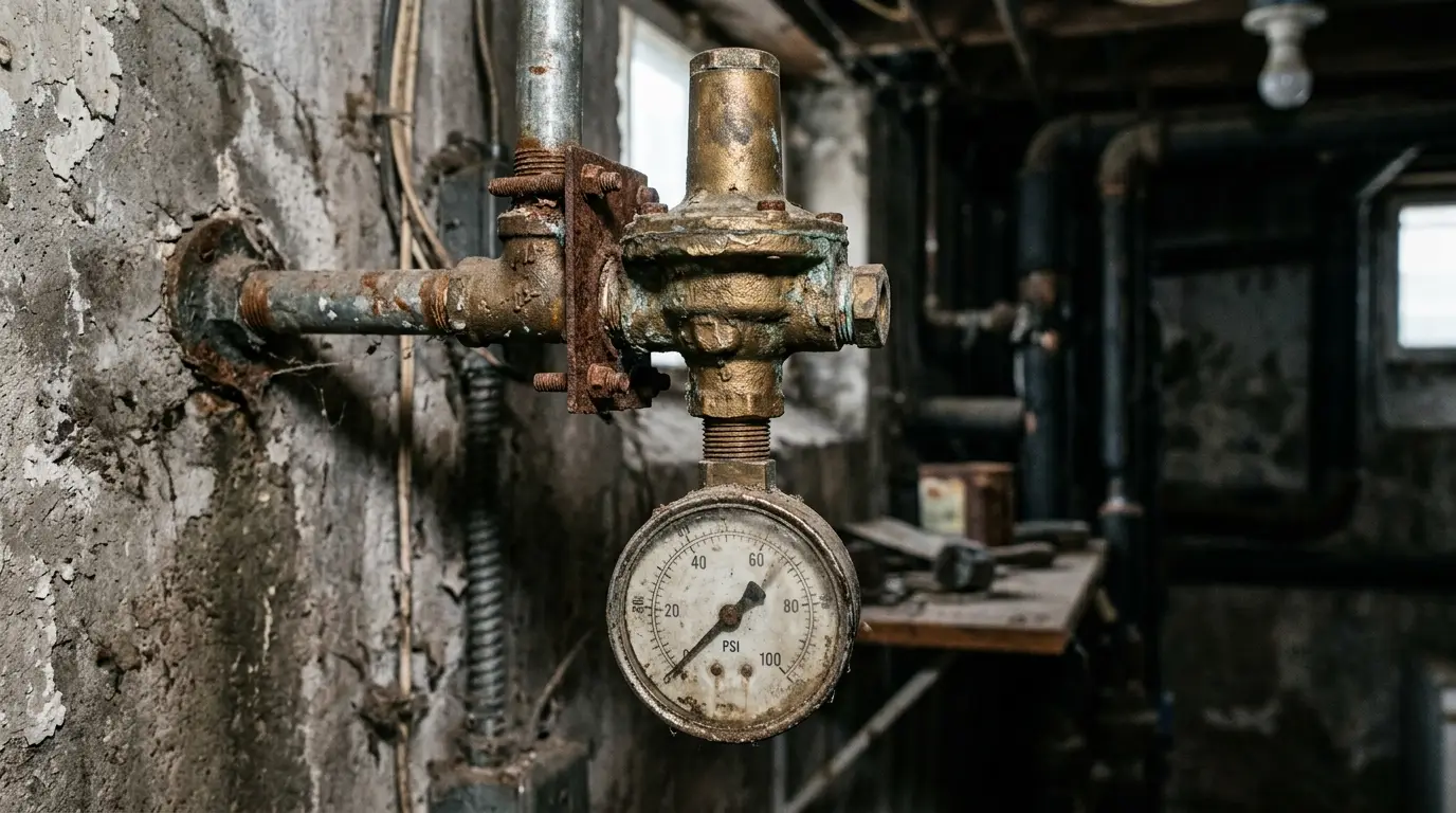 A brass pressure regulator at a service entrance with a gauge threaded below it