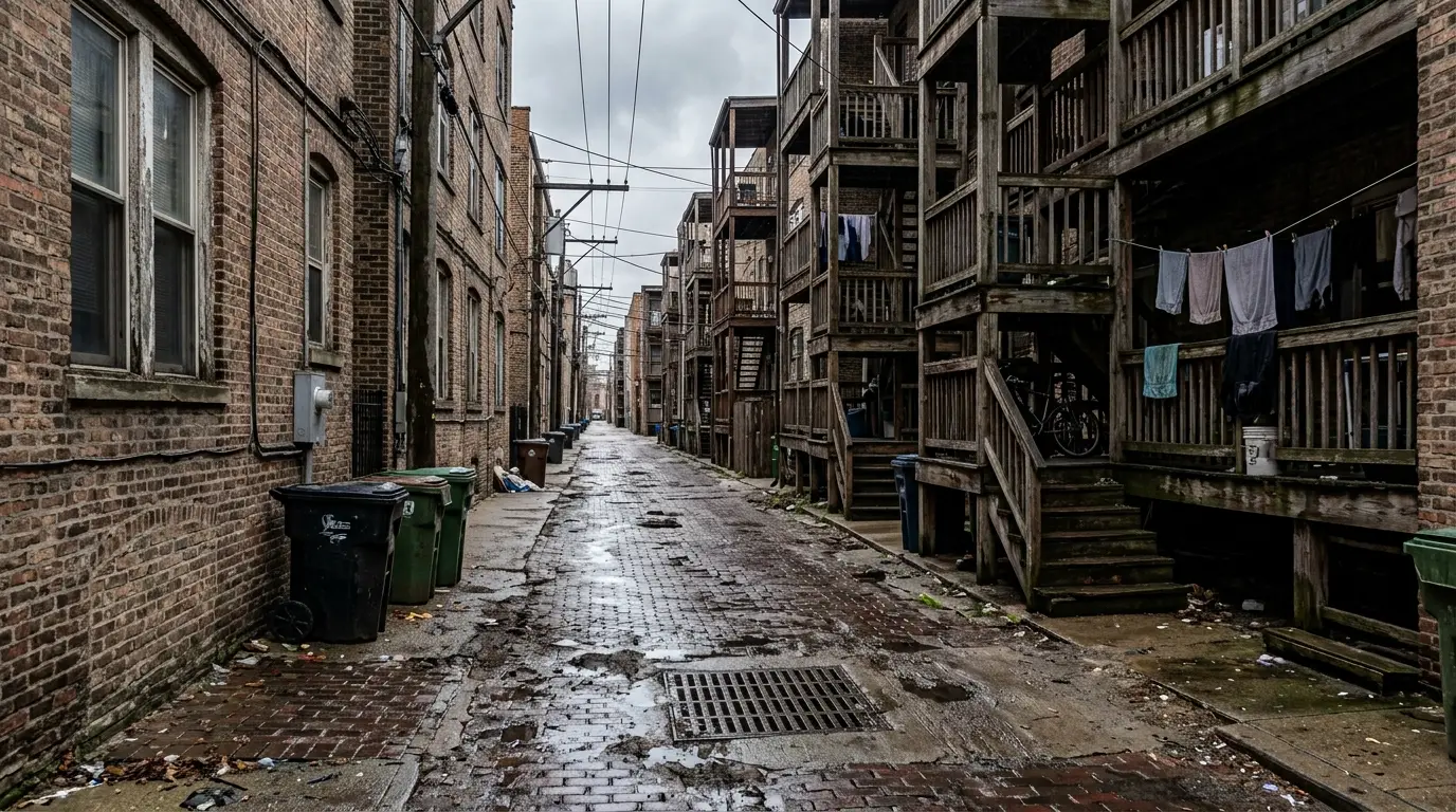 A brick alley lined with wooden back porches, a catch basin set into the wet pavement