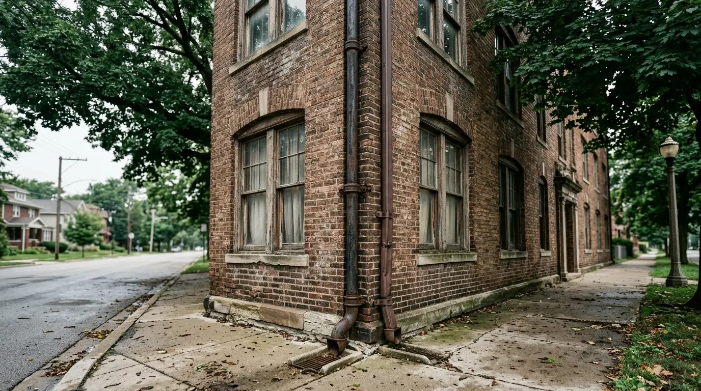 The corner of a pre-1930 brick apartment building with a cast iron downspout under mature canopy