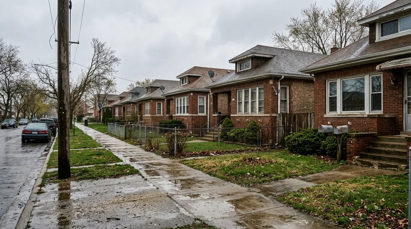 A block of brick bungalows with small front lawns beside a rain-slick sidewalk