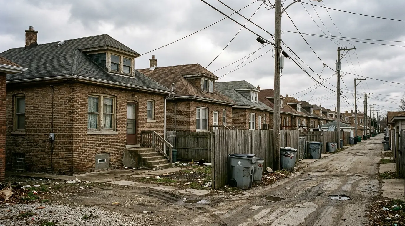 A row of brick bungalows with hipped roofs backing onto an unpaved alley under overcast light