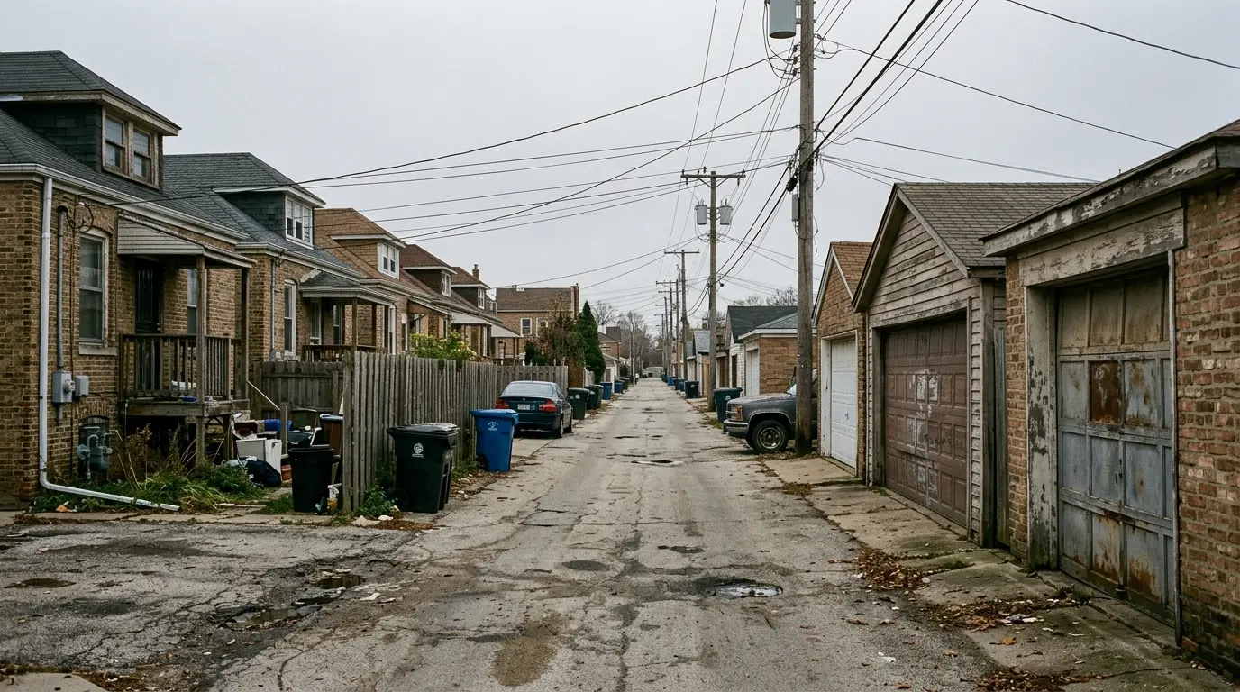A bungalow block with detached garages along a cracked paved alley under a flat grey sky