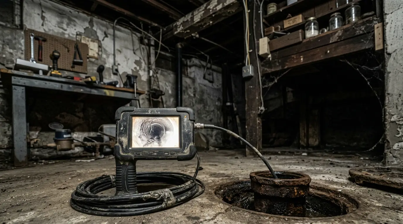 A camera reel monitor glowing in a dark basement with its cable feeding into a floor cleanout