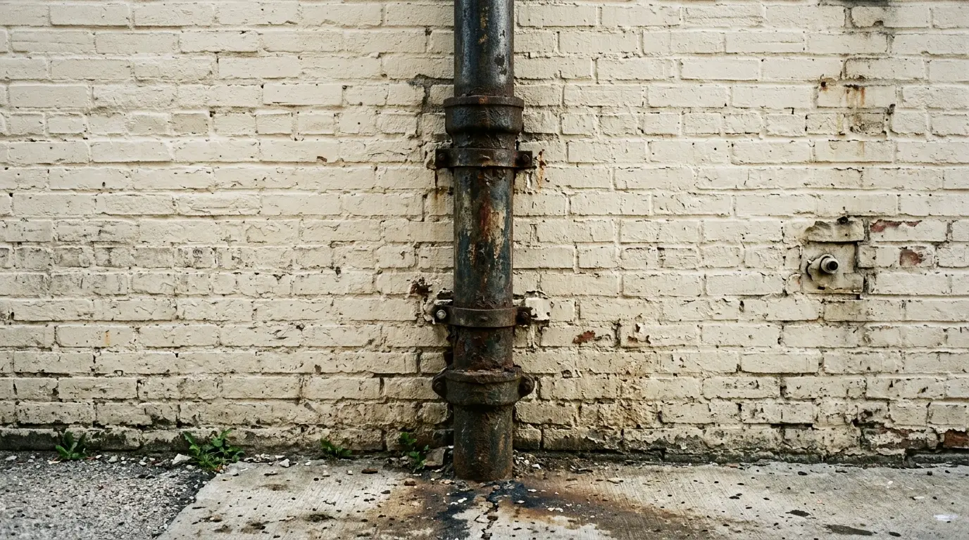 A cast iron drain stack running down a painted brick wall