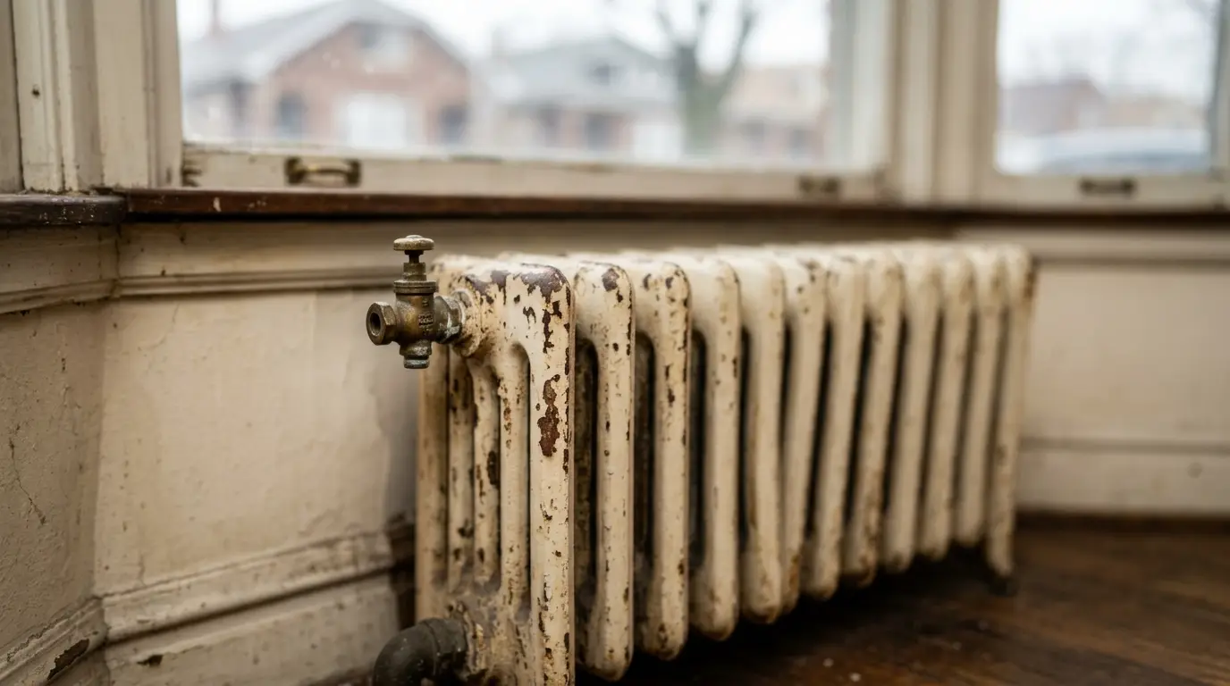 A cast iron radiator with chipped paint under a window, steam vent visible on the end section