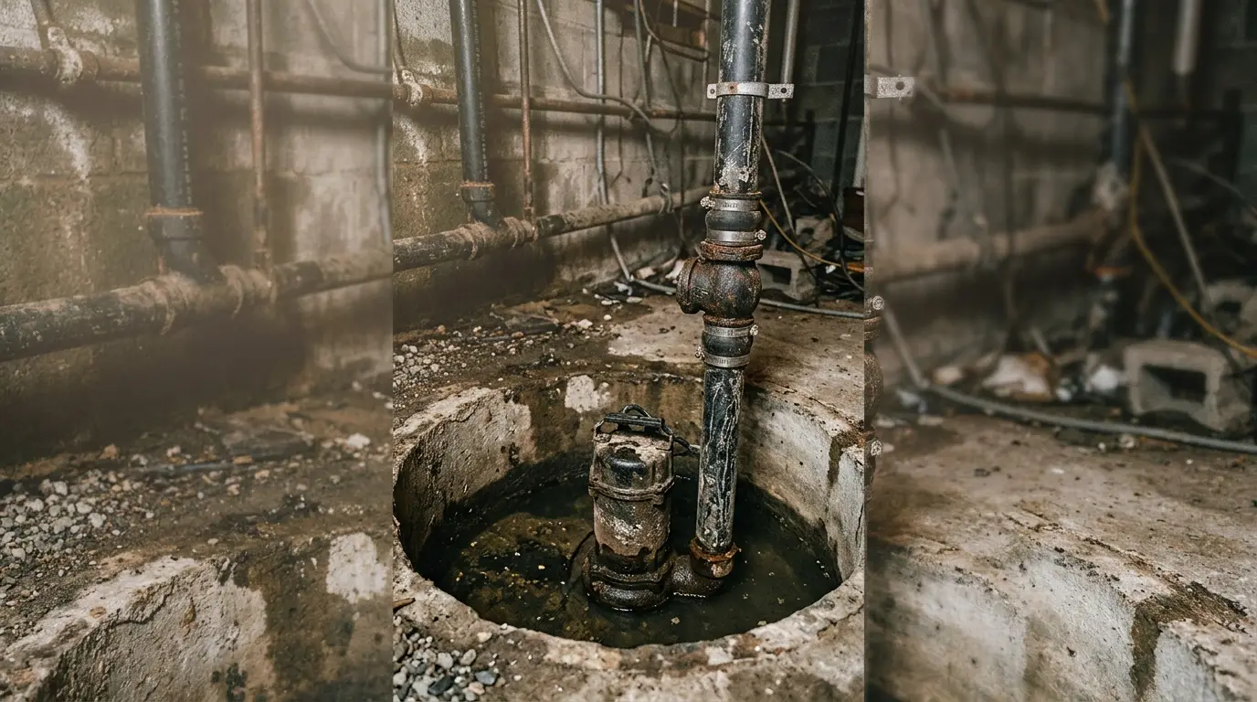 A cast iron sump pump in an open pit with its discharge pipe and check valve above