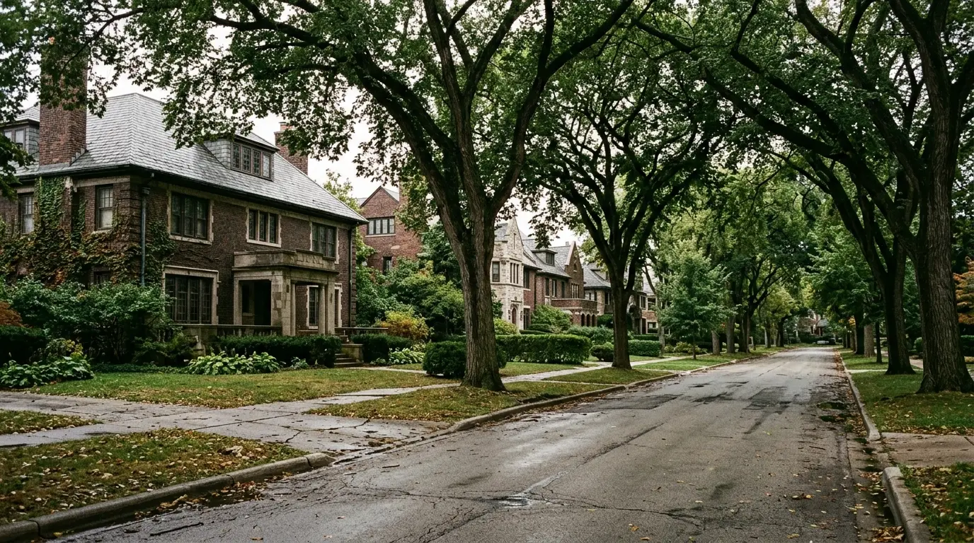 Large pre-war brick houses set well back behind mature elms over a wide parkway