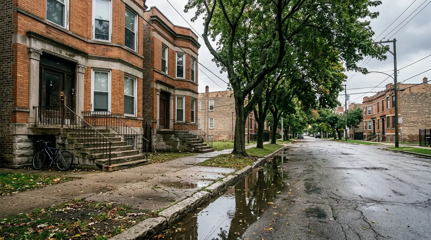 Two-flats with limestone stoops along a street with standing water at the kerb