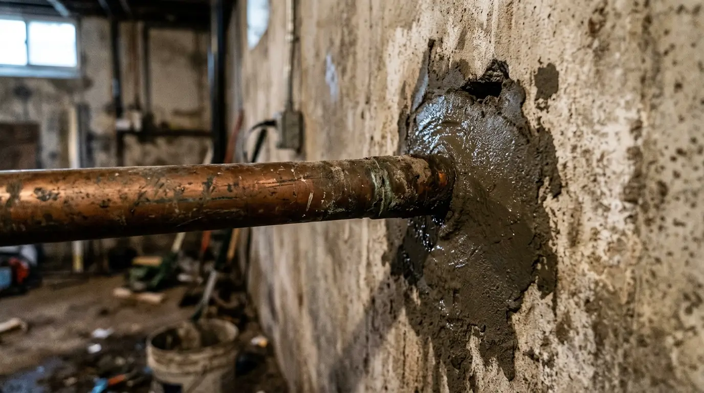 A copper service line pulled through a foundation penetration with the patch mortar still wet