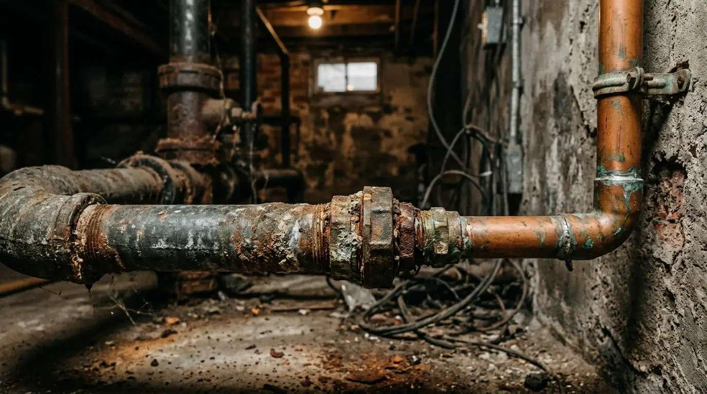 A corroded galvanized pipe joined to newer copper, the old bore visibly narrowed by scale
