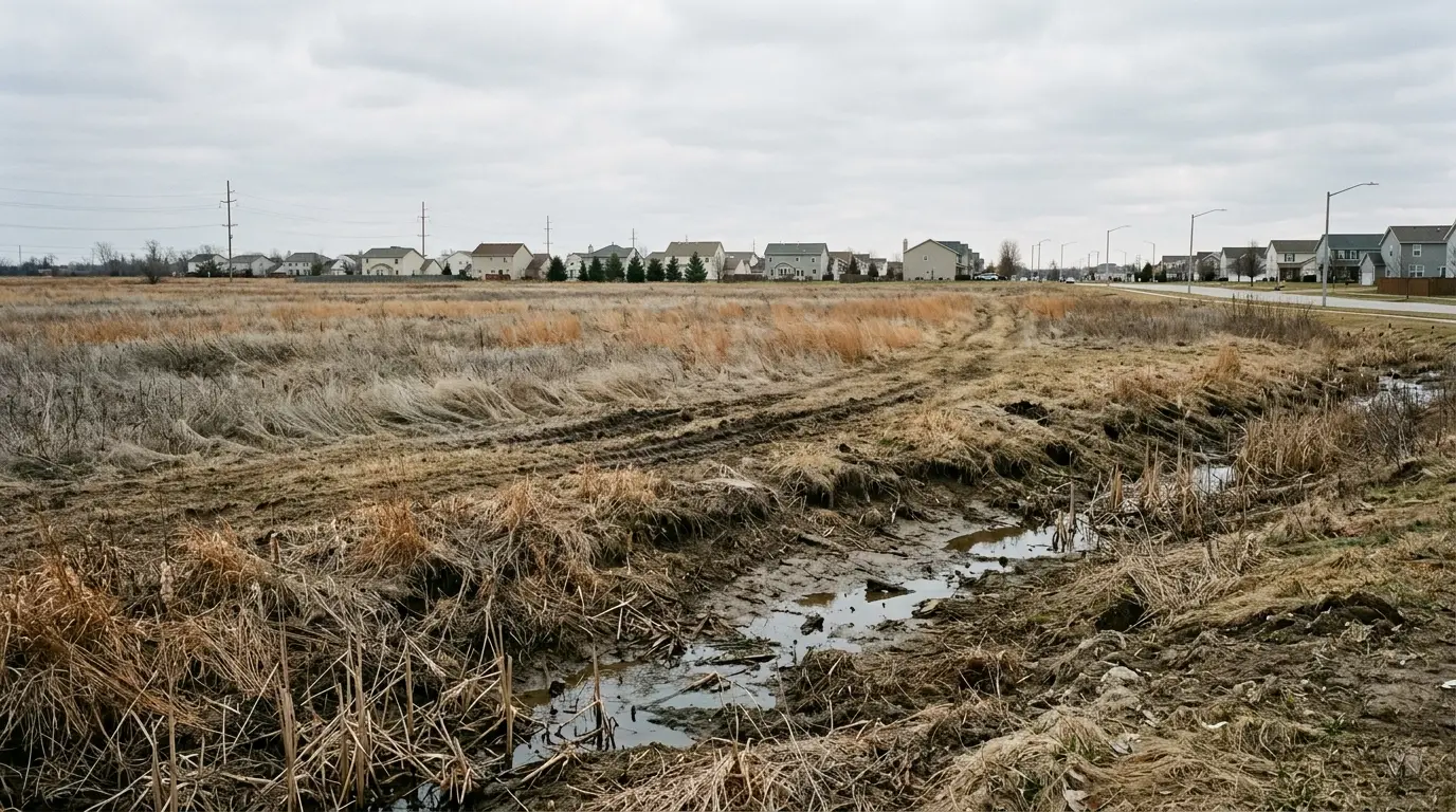 A drainage swale holding water on flat prairie ground at the edge of a subdivision