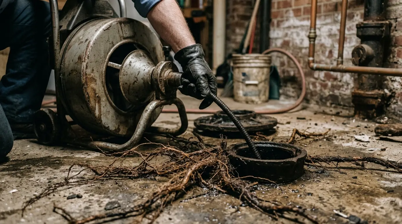 A drum machine feeding cable into an open cleanout with cut roots pulled onto the floor