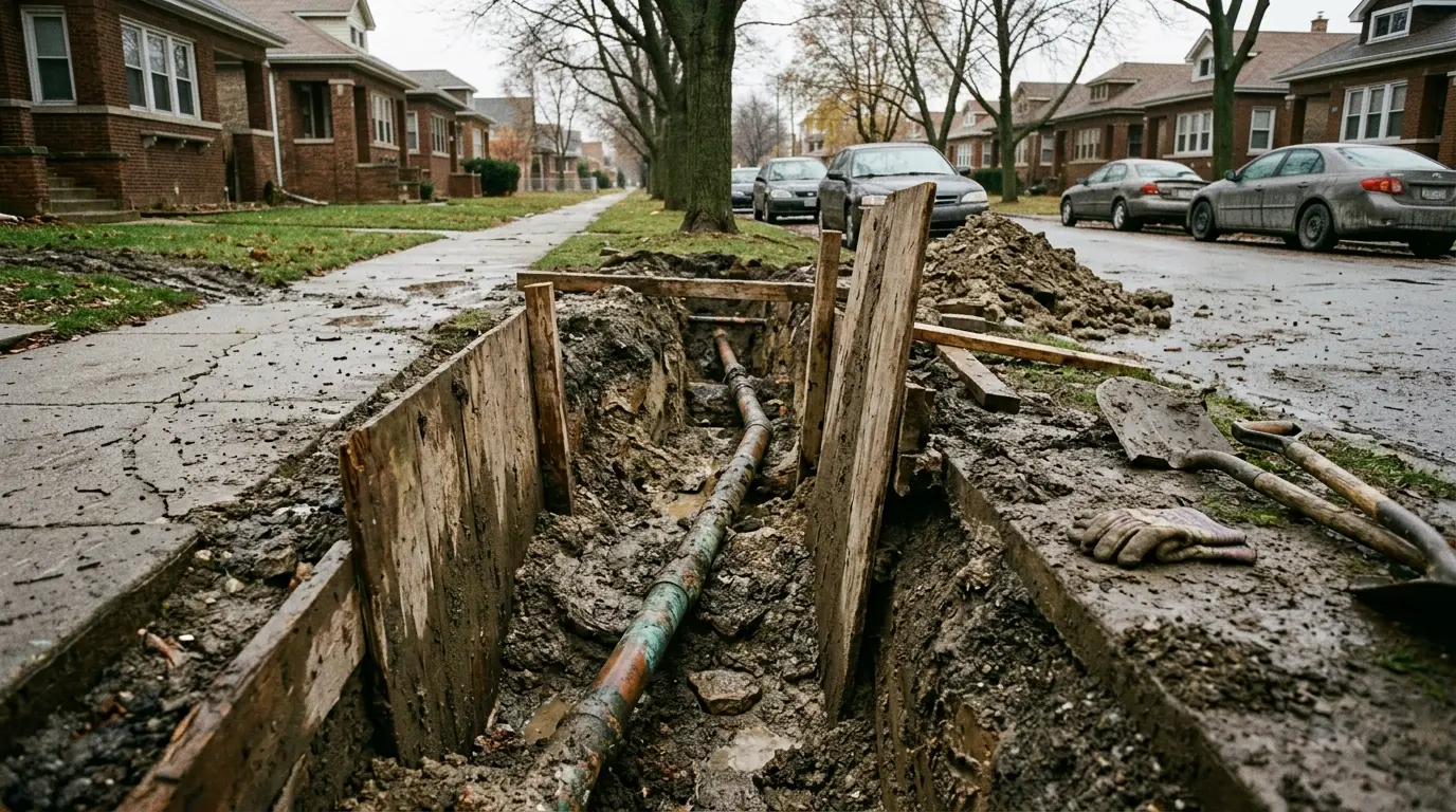 A water service pipe exposed in a shored trench cut through a parkway