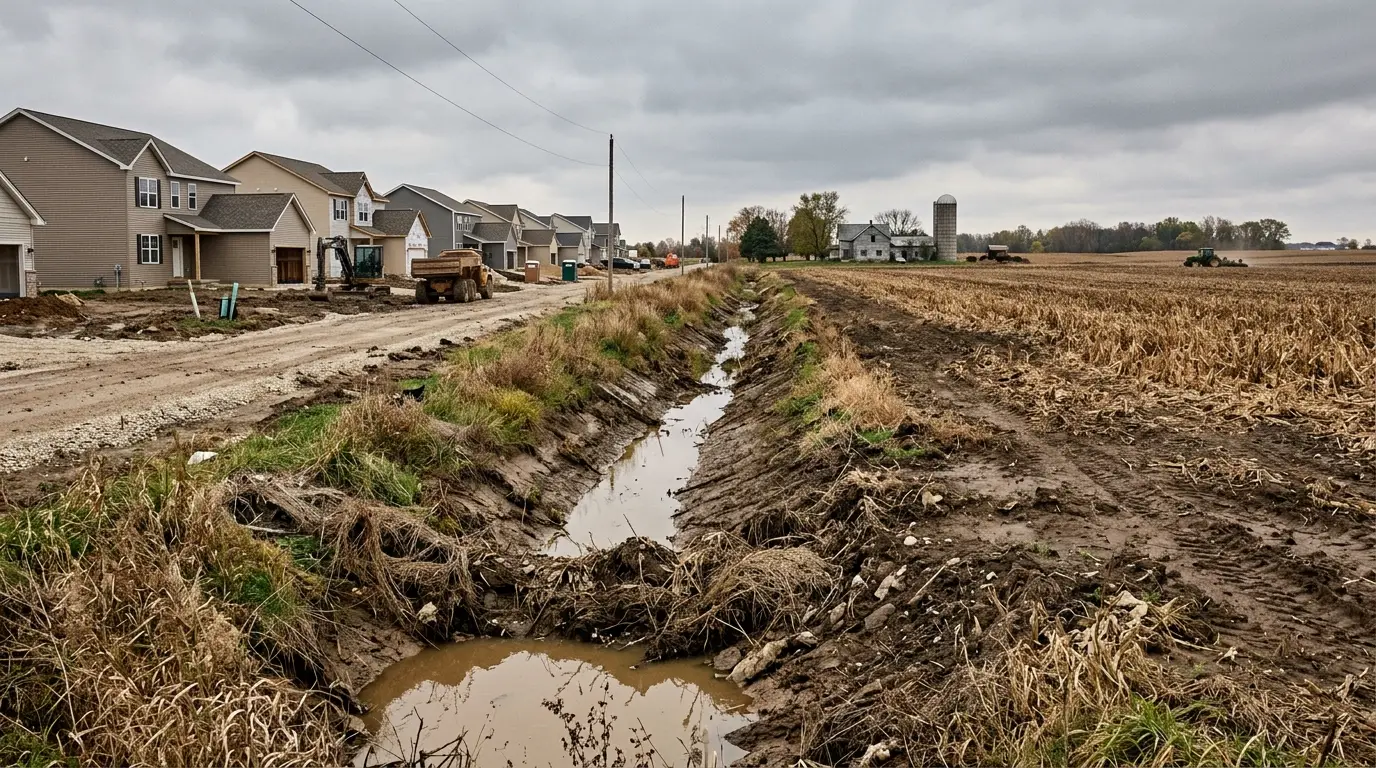 Farmland meeting a new subdivision with a water-filled drainage ditch between them
