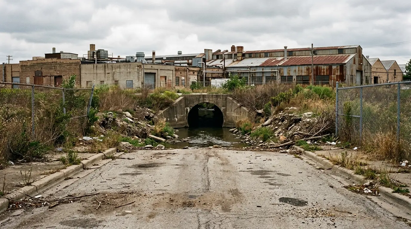 A flat street ending at a creek culvert with low industrial rooflines behind