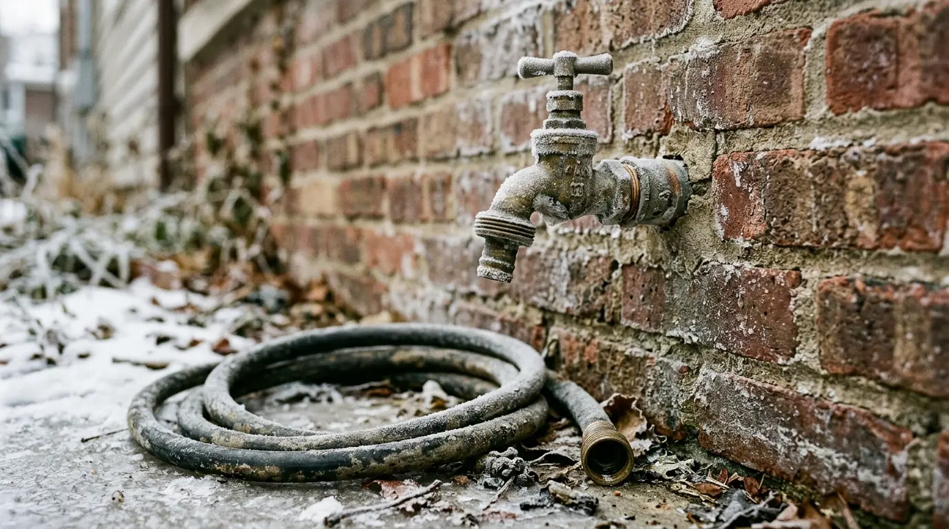 A frost-covered hose bib on a brick wall with the hose disconnected and coiled below