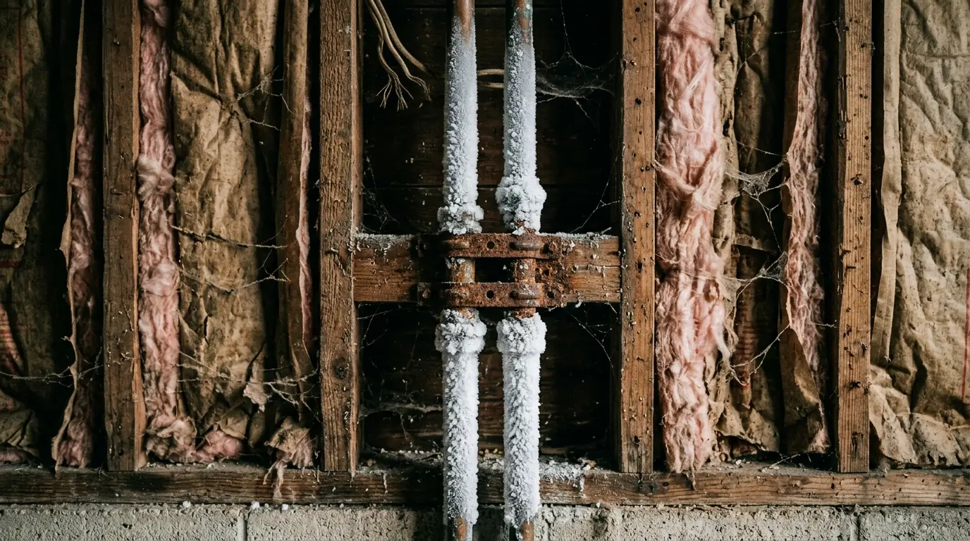 Heavy frost on a pair of pipes crossing an unheated wall cavity between studs