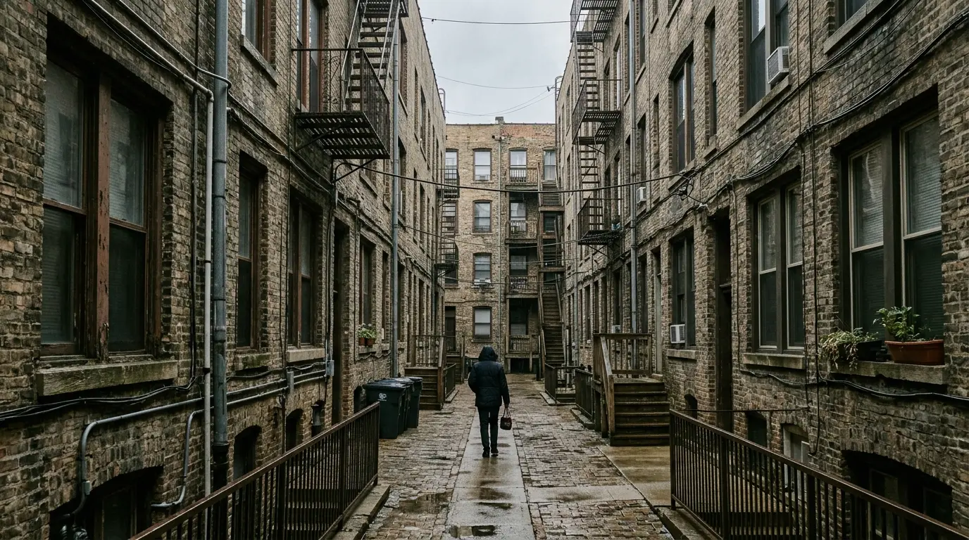 A gangway between courtyard apartment buildings with wet brick and fire escapes