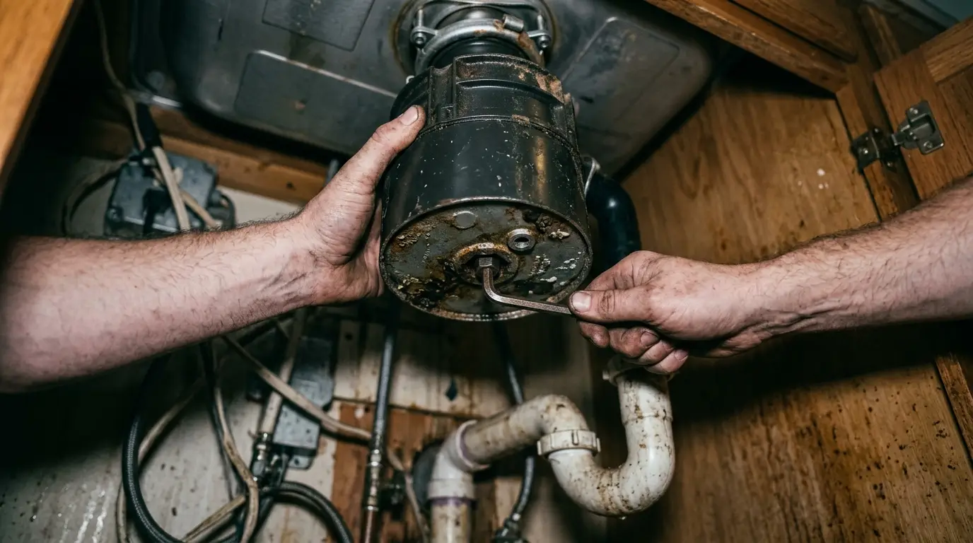 Hands supporting a disposal unit from below with a hex wrench in the flywheel port