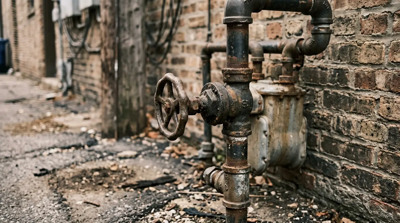 Black iron gas piping and a shutoff valve at a meter set against brick