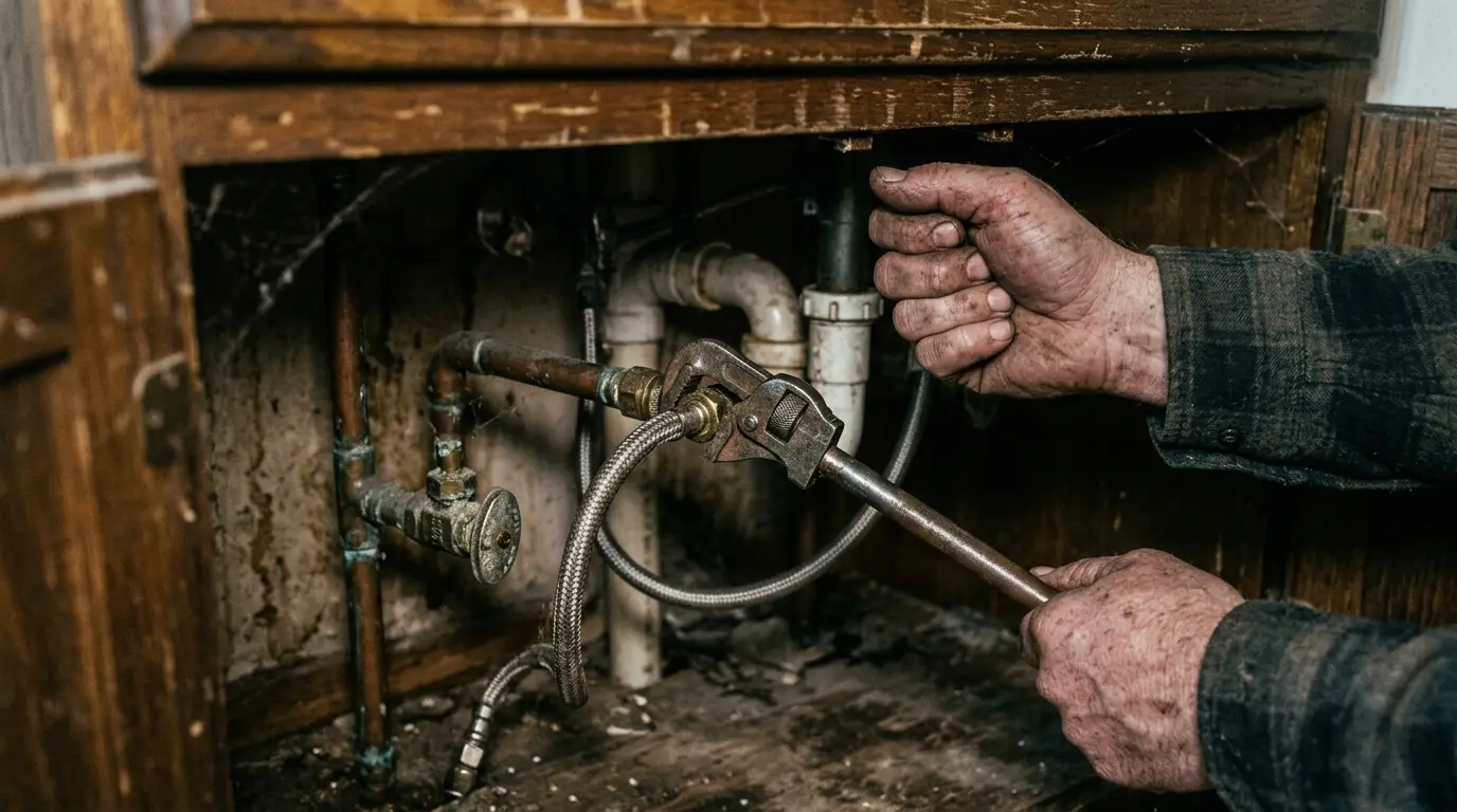 Hands working a basin wrench on supply stops under a bathroom vanity