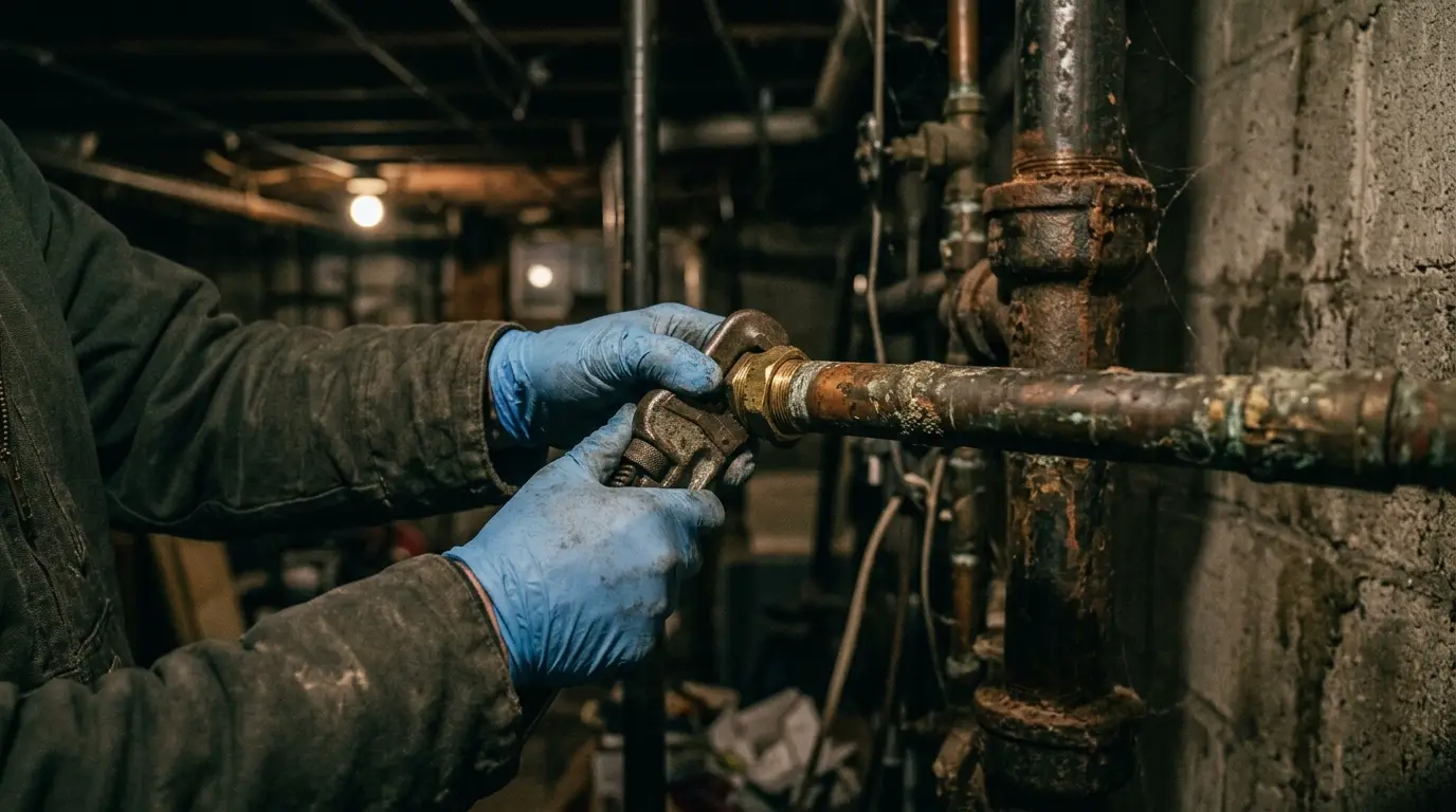 Gloved hands tightening a brass fitting on old copper pipe in a dim basement