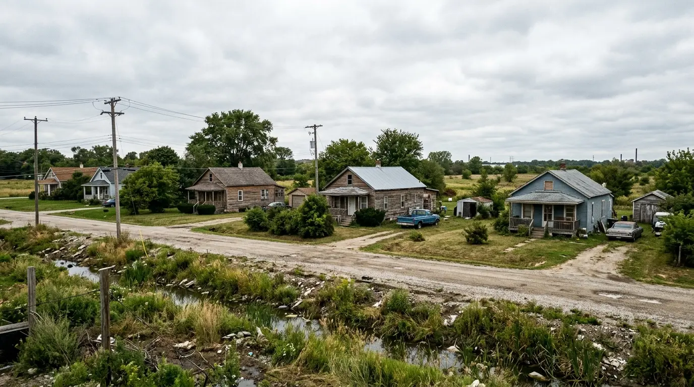 Frame houses on large lots with ditch drainage instead of kerbs under open sky