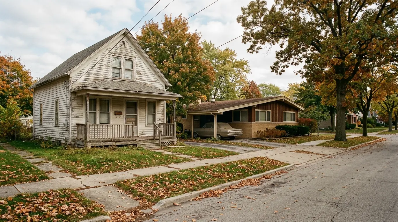 A pre-war frame house standing beside a 1960s ranch on the same block in autumn light