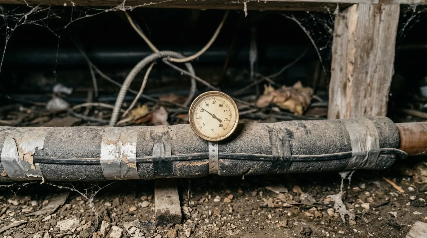 An insulated pipe run in a crawl space with a dial thermometer strapped to it