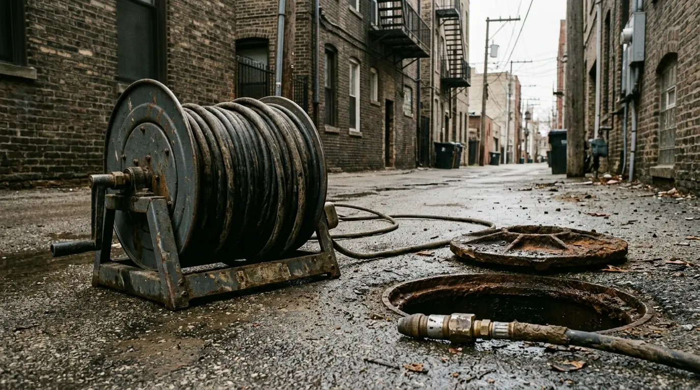 A jetter hose reel and nozzle on wet pavement beside an open cleanout