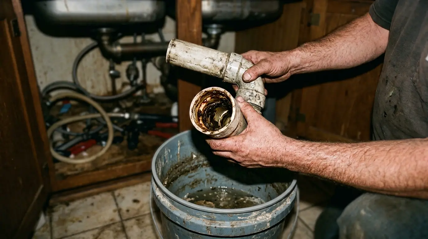 A kitchen trap arm removed over a bucket with grease deposit visible inside the pipe