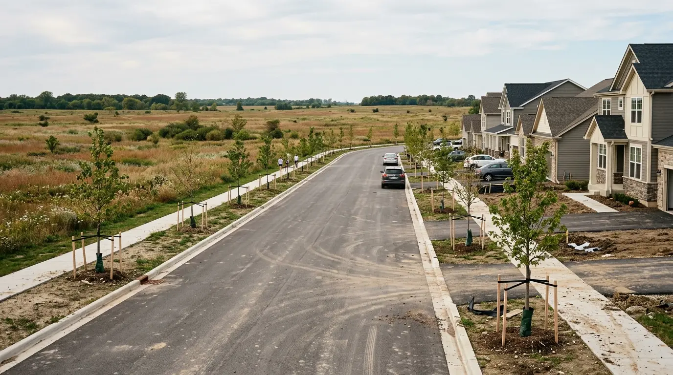 A new-build street with young staked trees and open prairie on the far side