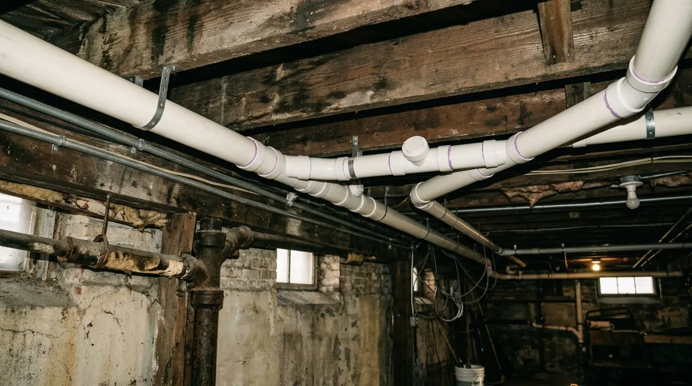 New drain lines run high between basement joists after an overhead conversion