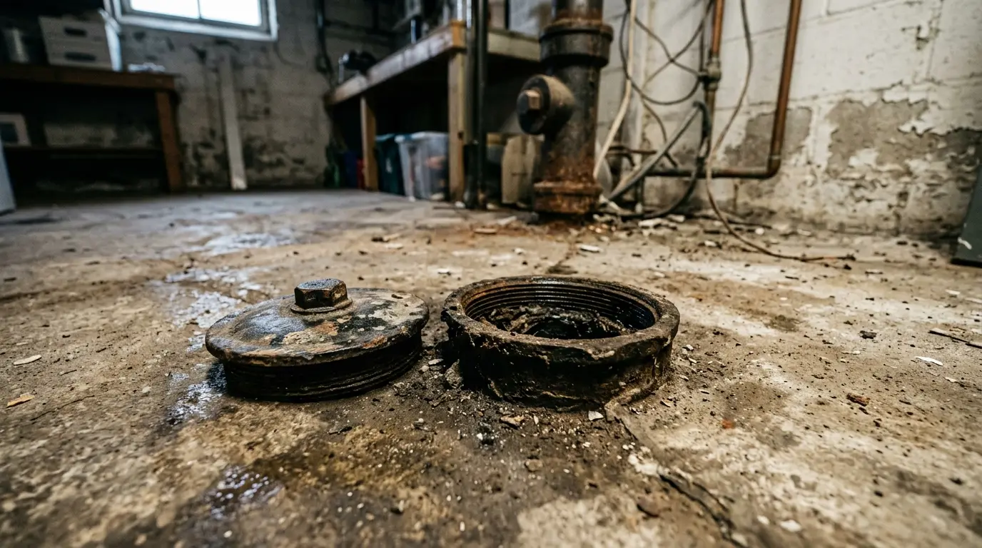 An open cleanout in a basement floor with the cast iron drain visible below