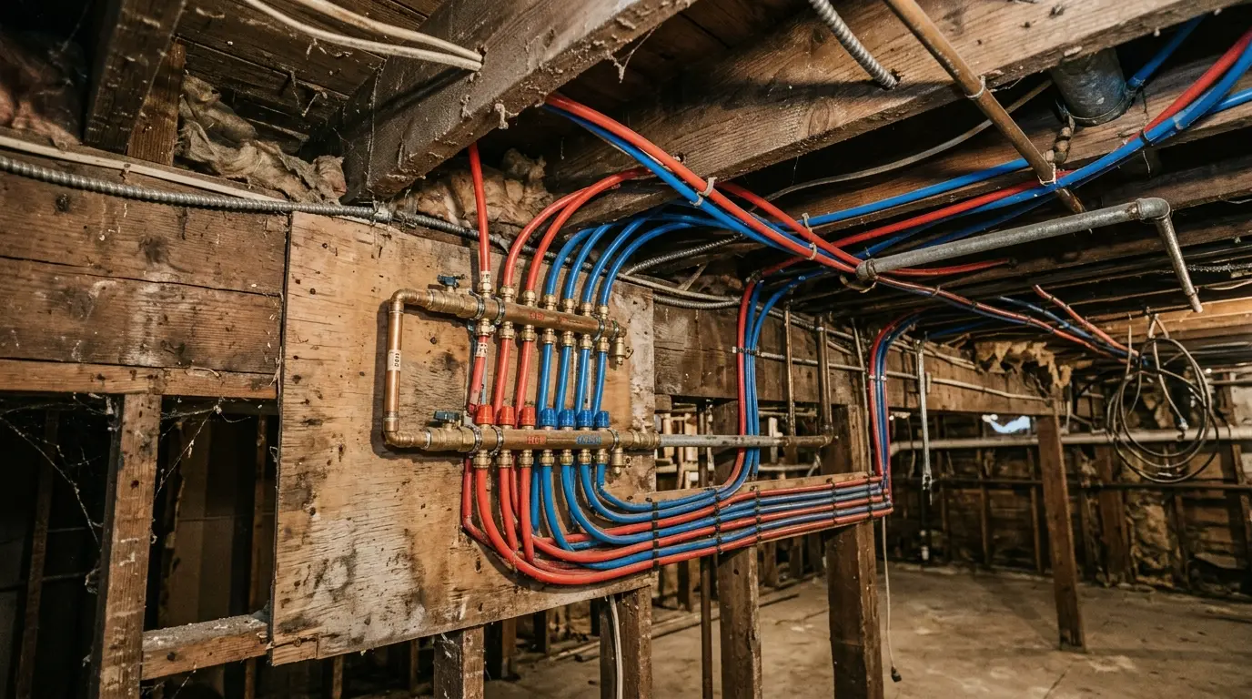 A new manifold with hot and cold home runs threaded through open basement joist bays