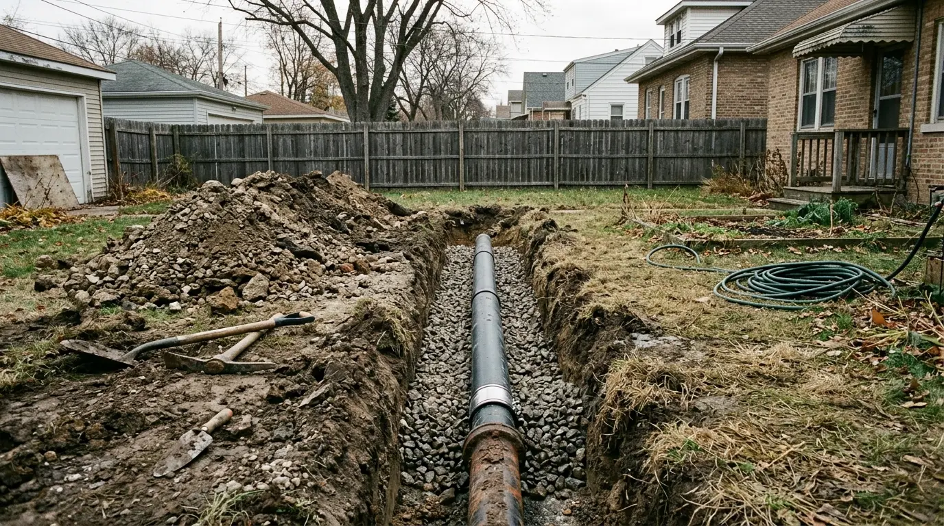 A replacement pipe section laid in gravel in a short trench across a back yard
