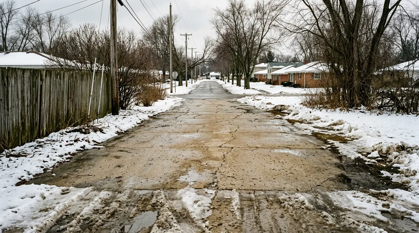 A wide postwar driveway under snow melt with a long service run toward the street
