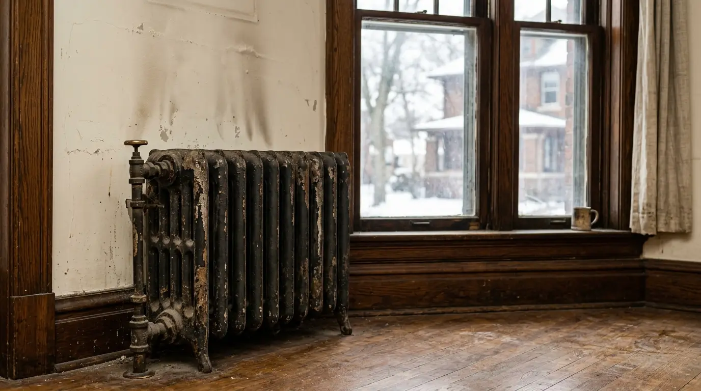 A cast iron steam radiator in a wood-trimmed room below a tall double-hung window