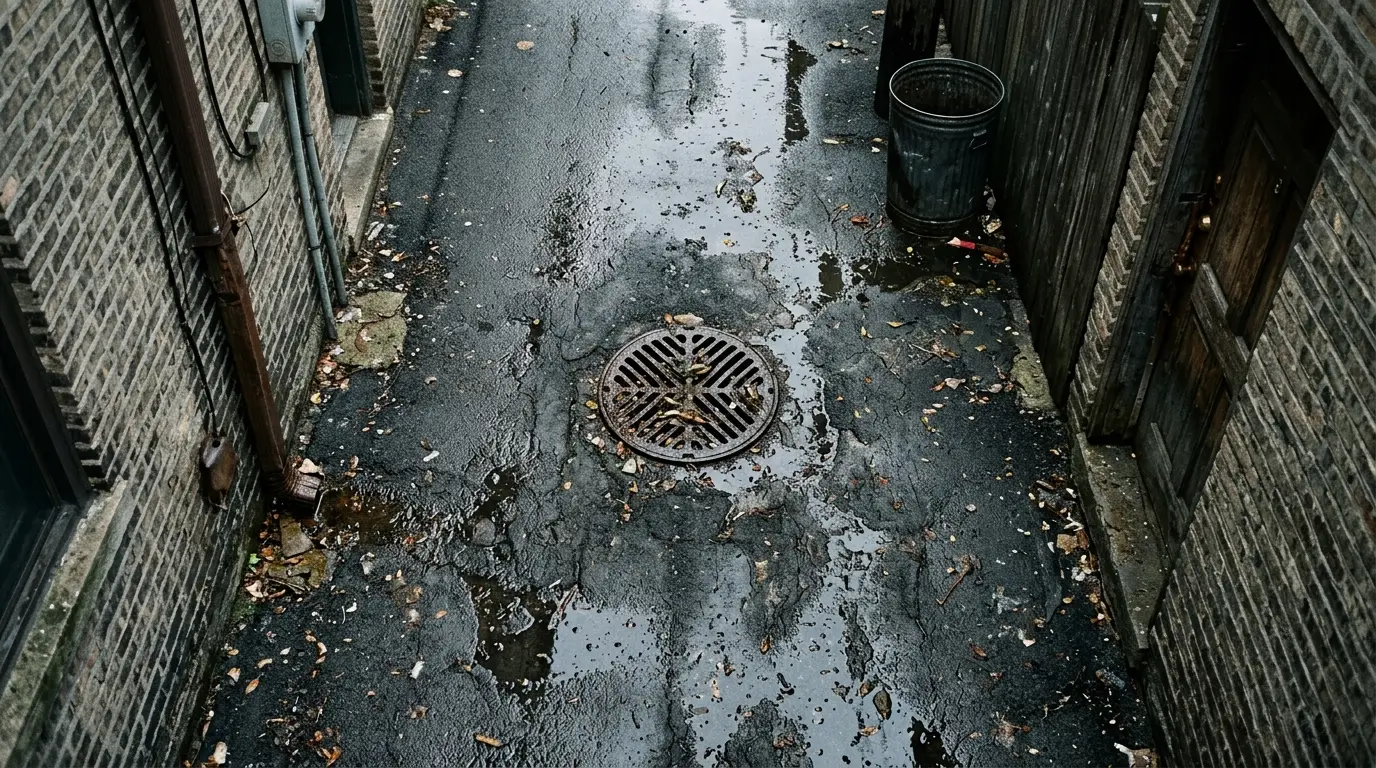 A rain-soaked near-west alley, where one combined sewer carries storm water and sanitary flow together
