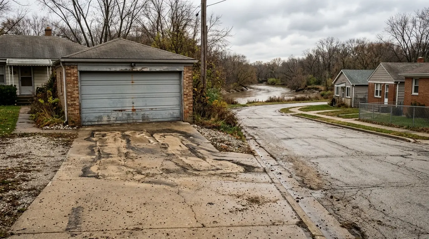 A low-lying street near a river bend with sandbag marks left on a garage apron