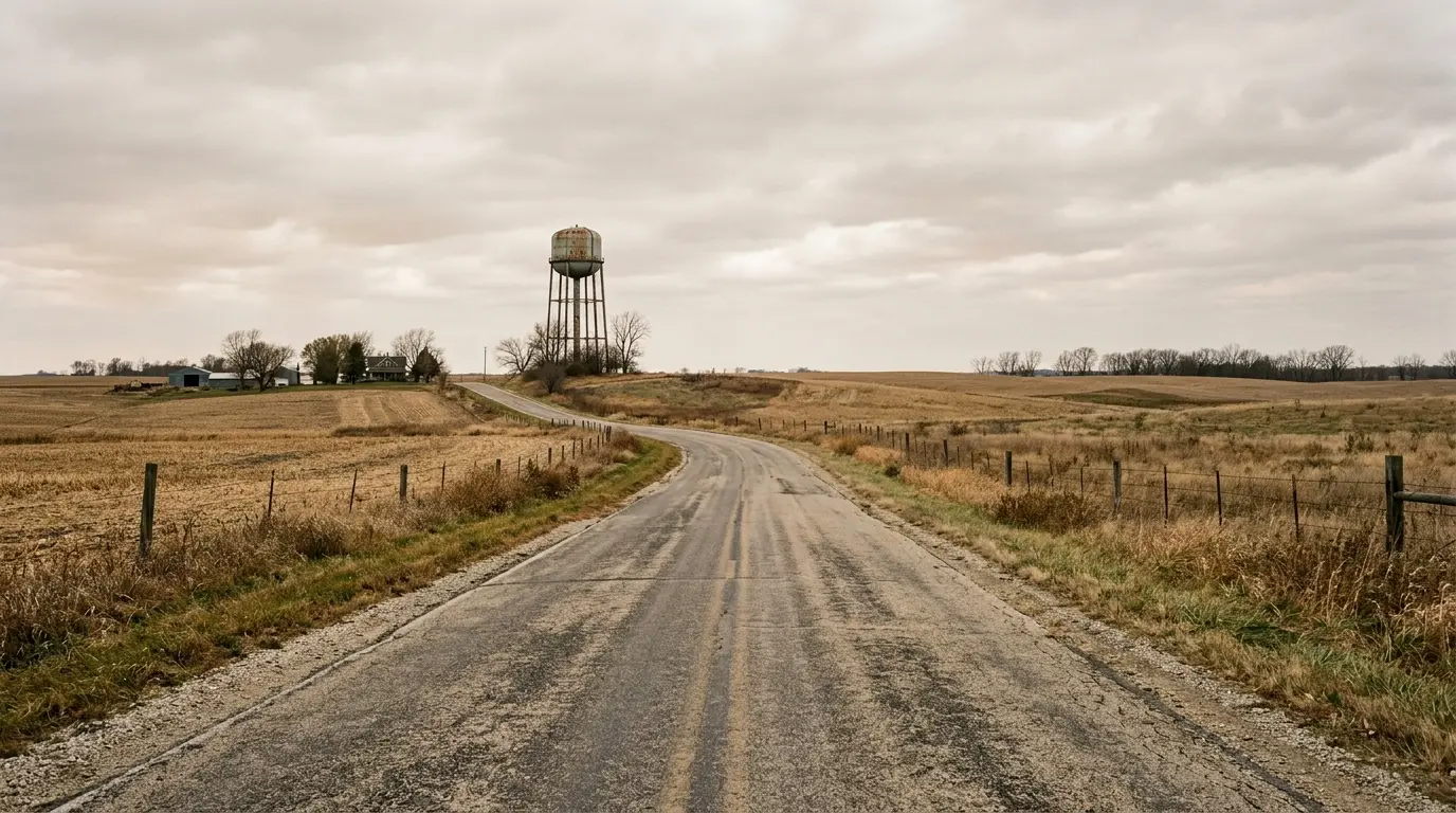 A two-lane road running through harvested farmland with a water tower on the skyline