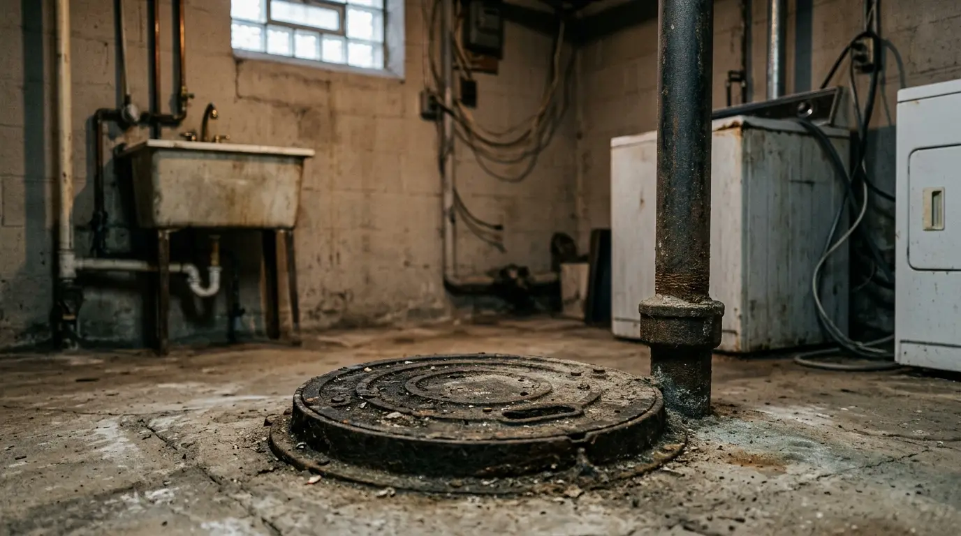 A sealed ejector pit lid with its vent pipe in a below-grade laundry room
