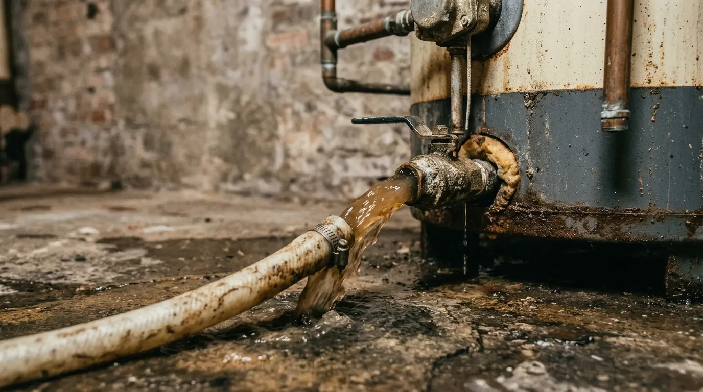 Cloudy sediment-laden water flushing from a water heater drain valve into a hose