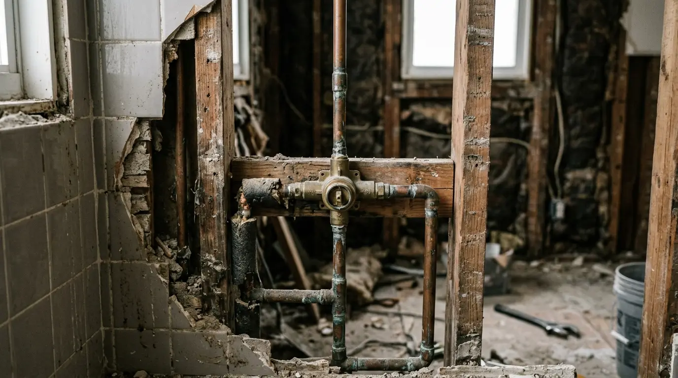 A shower valve rough-in exposed behind an opened tile wall, studs and copper visible