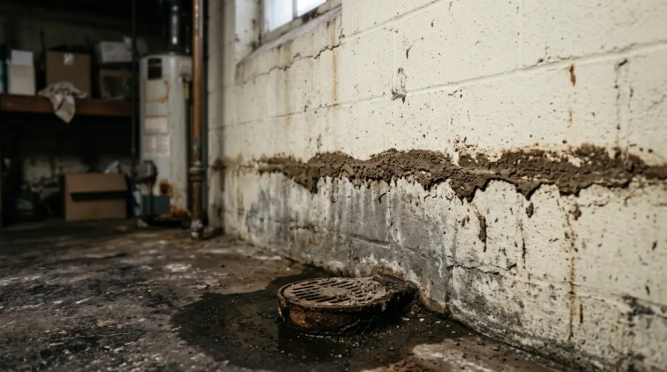 A dried silt line left on a basement wall above a floor drain after flooding